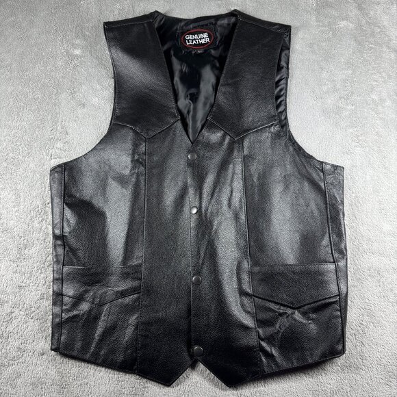 Black Genuine Leather Vest Men’s 46 Western Biker Snap Front Pockets - Picture 1 of 6
